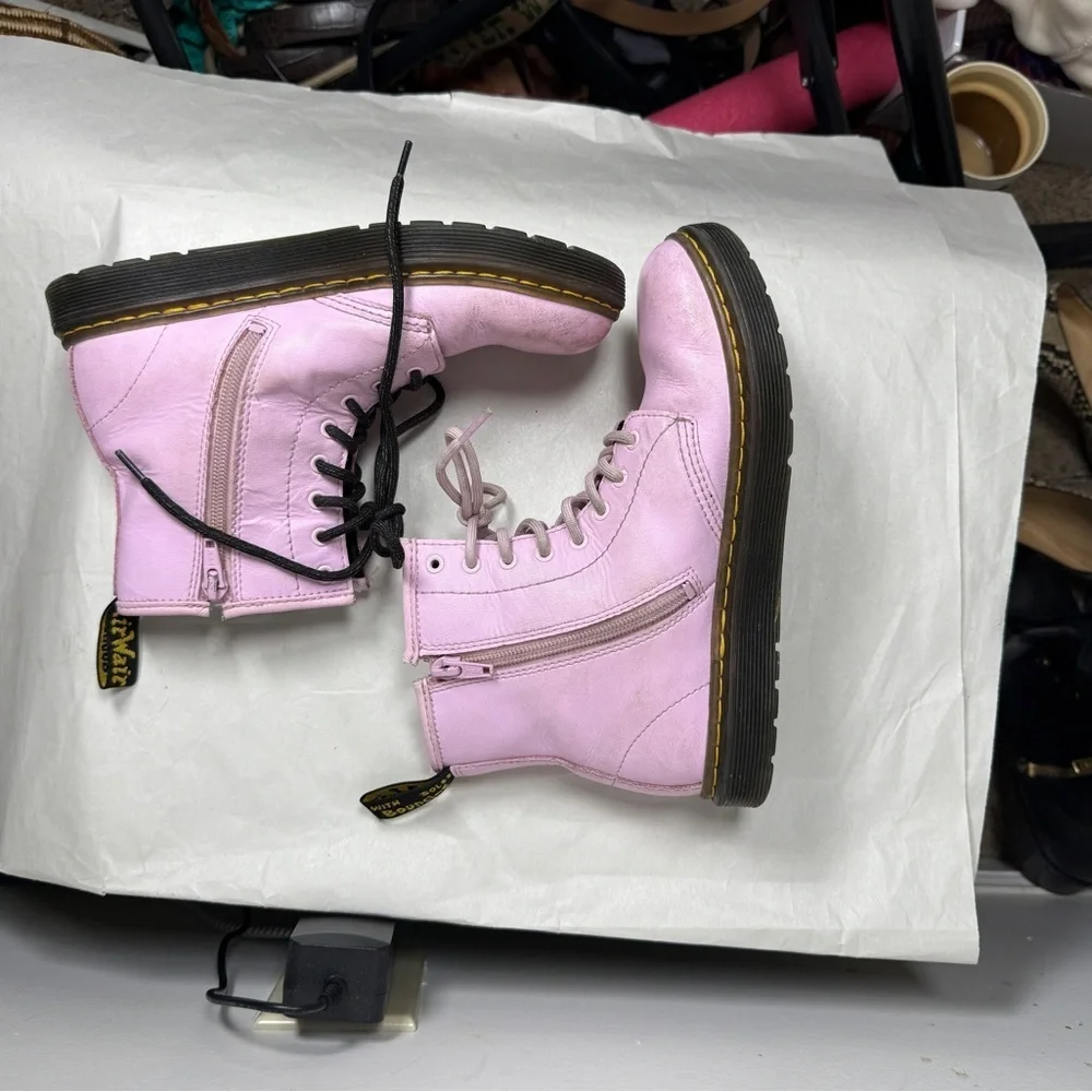 Dr Doc Martens Zavala J Combat Boots Size 3Y Pastel Pink Lace Up Punk Grunge
